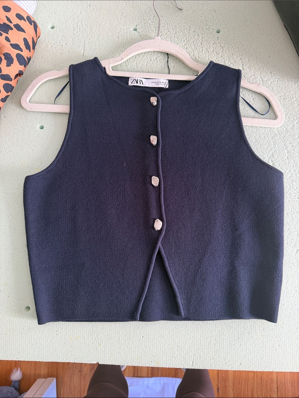 Zara Navy Sleeveless Button-Front Knit Tank